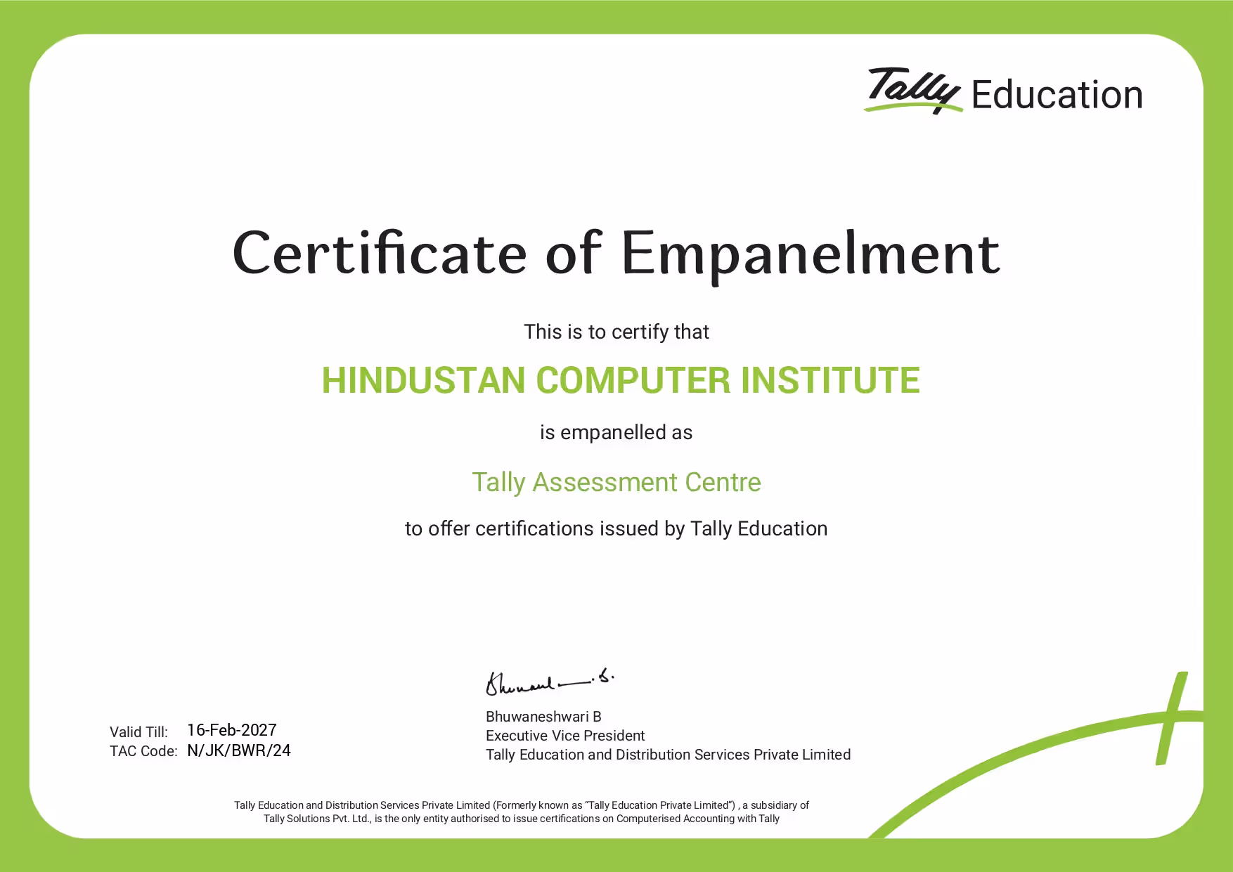 Hindustan Computer Institute - Tally TAC - 2026