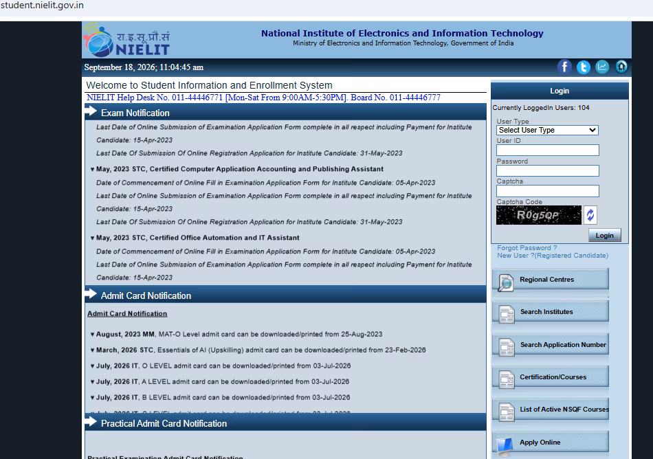 CCC online form registration link on the NIELIT student portal homepage